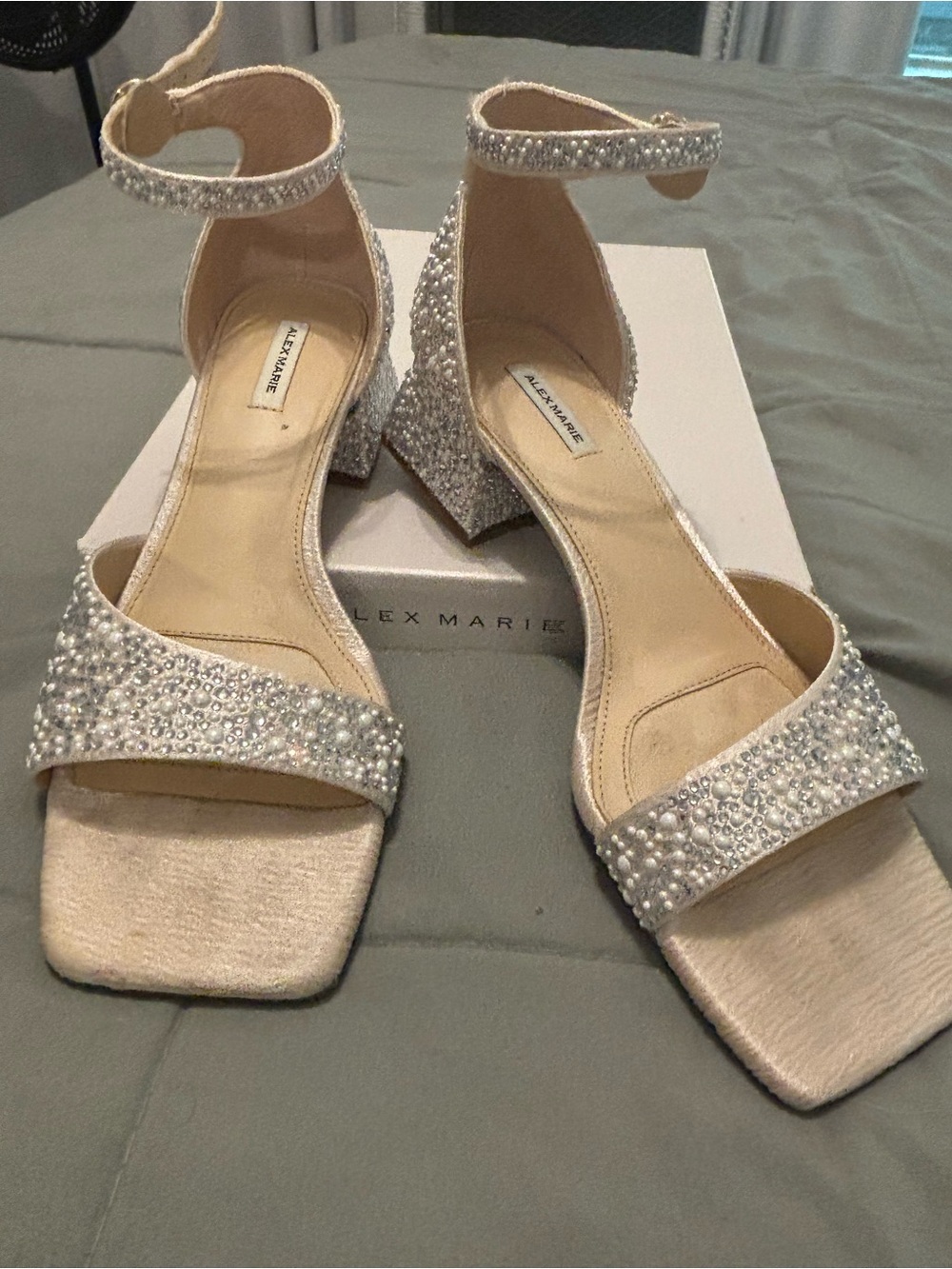 Alex Marie Pearl & Crystal Embellished Block Heel Sandals in Ivory